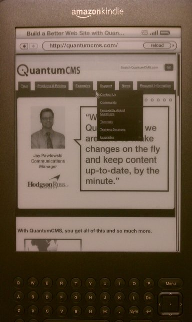 Kindle handles fly-out menus, CSS3 media queries, and general layout well. Webkit engine quite nice.