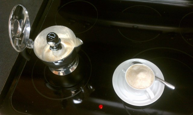 Maiden brew of my Bialetti Mukka Express (one-pot stovetop cappucino maker). 3 brews to season it. Ugh.