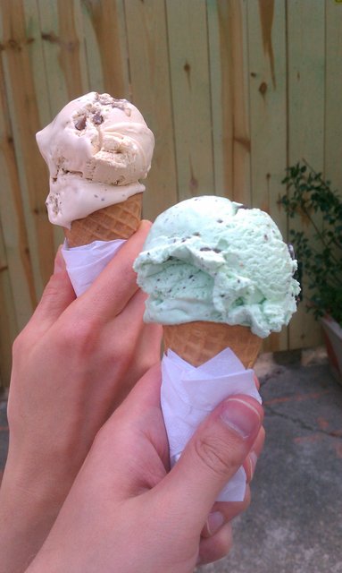 Mint chocolate chunk; Elmwood Strip (coffee ice cream with chocolate, toffee chunks).