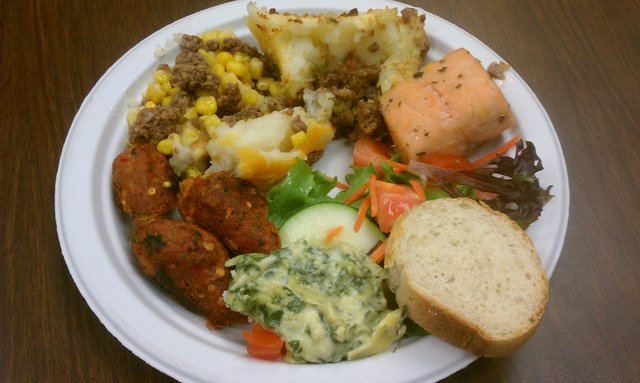 Whiskey honey salmon, spinach artichoke dip, two kinds of shepherd's pie, kabobs, Irish cream cheesecake.