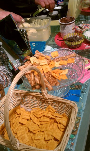 Scrabble Fest with mini cupcakes and Scrabble Cheez-its, among lots of other food.