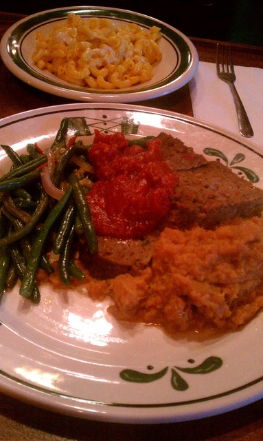 Slightly spicy creole meatloaf with creole sauce, bourbon mashed sweet spuds, veggies.