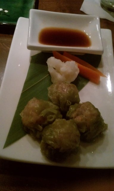 Wasabi shumai: pork dumplings wrapped in wasabi-infused wonton.