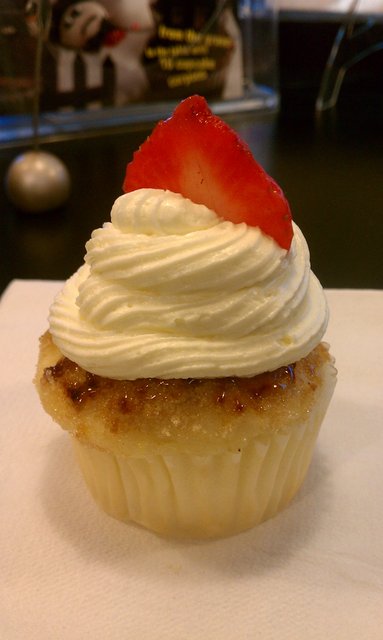 Creme brulee: lemon cake, filled with vanilla pastry cream, topped with carmelized brown sugar, lemon buttercream.