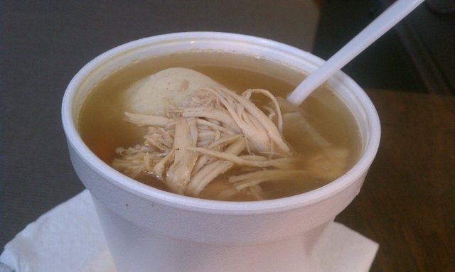 Chicken and matzo ball (not a baby skull, as it may look) soup.