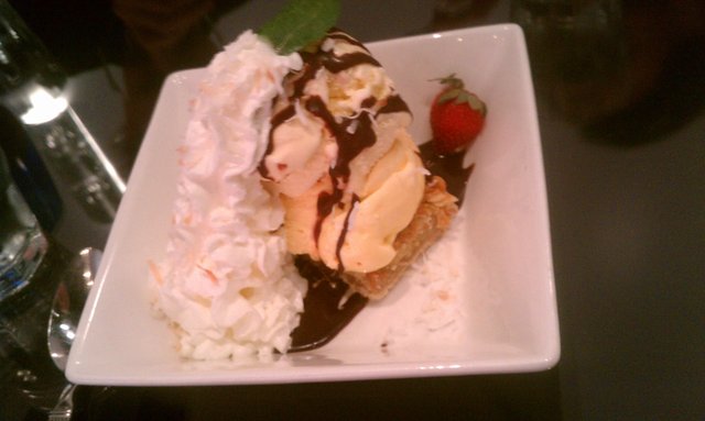 Seabar sundae: coconut biscuit, vanilla ice cream, chocolate sauce.