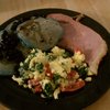 Blueberry pancakes; ham steak; spinach, tomato, cheddar eggs.