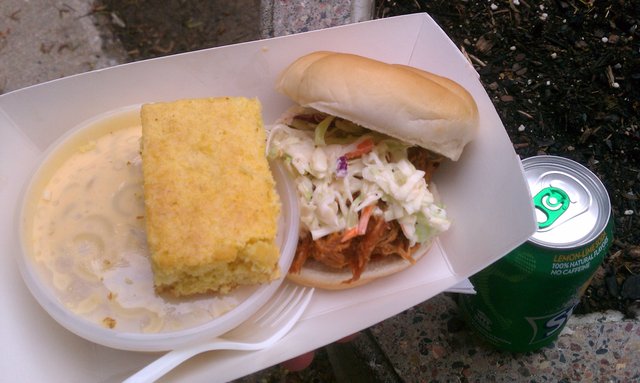 Got the @RnRBBQTruck special: pulled pork with slaw, mac-n-cheese, corn bread, drink.