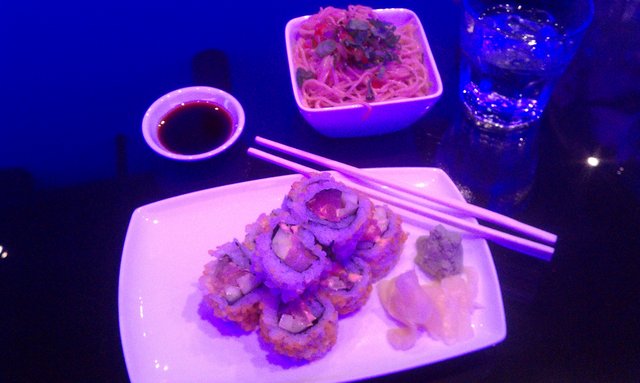 Lunch with @ThePolo @VinNay: spicy tuna roll, noodles, miso soup (not in pic).