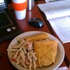 Turkey bacon wrap, basil chicken pasta salad, iced tea in my own mug that won't go into a landfill.