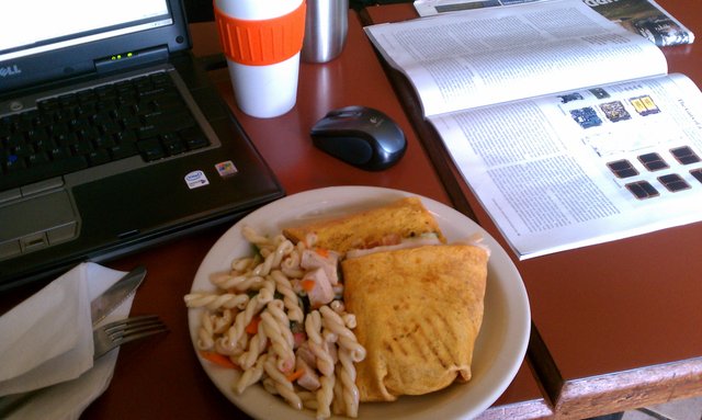 Turkey bacon wrap, basil chicken pasta salad, iced tea in my own mug that won't go into a landfill.