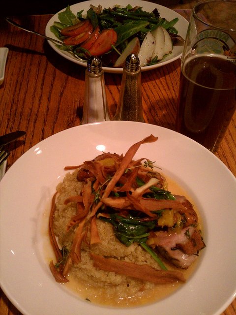 Pan-seared duck breast, quinoa pilaf, spinach, orange balsamic reduction.