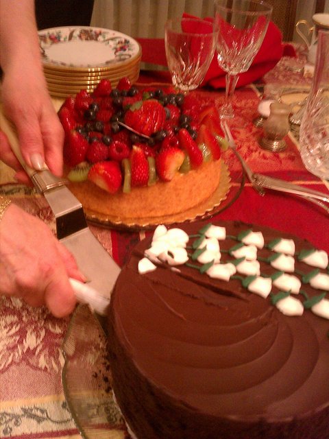 Dessert! Chocolate cake and fruit-covered cheesecake.