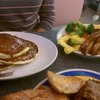 Short stack of pancakes, broccoli tomato cheese 3 egg omelette, home fries, rye.