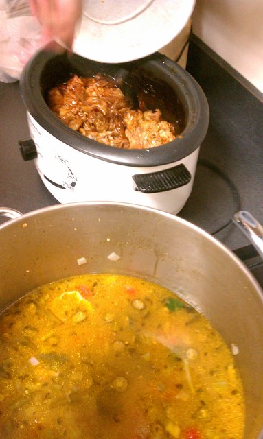 Food Friday prep: pork shoulder and jambalaya getting slow cooked.