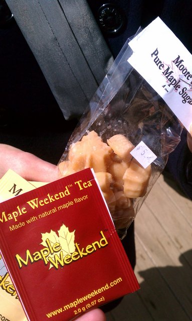 Maple tea (?) and maple cream candies while awaiting pancakes.