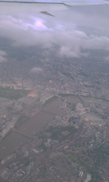 Flying over central London.