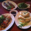 Seaweed salad, harumaki (Japanese spring roll), yakitori (chicken teriyaki), yaki nasu (eggplant, soybean paste).