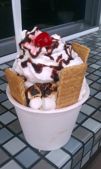 Frozen hot chocolate ice cream, toasted marshmallows, chocolate sauce, graham crackers, whipped cream.