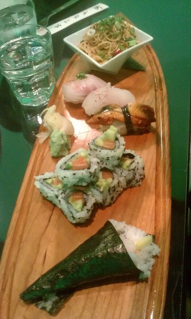 #LocalRestaurantWeek Sushi surfboard: sesame noodles; eel, himachi, fluke nigiri; salmon avocado roll; spicy scallop hand roll.