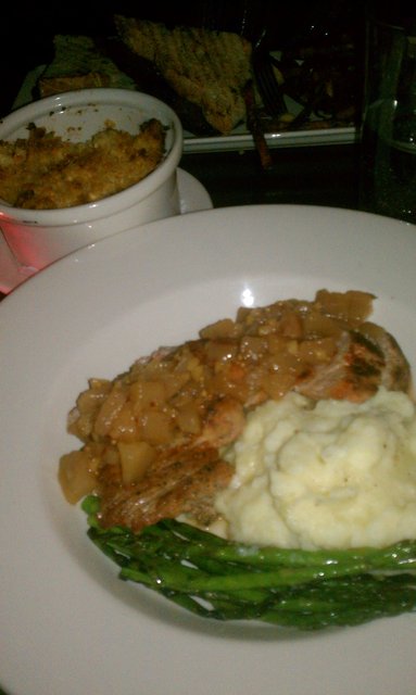 Pork tenderloin, pear chutney, grilled asparagus, mashed potatoes. Mac-n-cheese add-on.