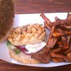 Chicken sandwich (with bacon jam) and sweet potato fries. $9.