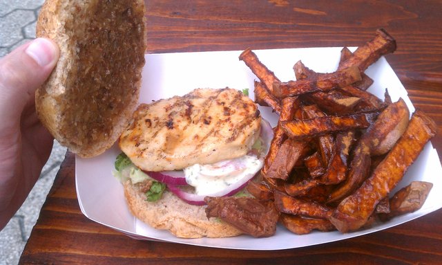 Chicken sandwich (with bacon jam) and sweet potato fries. $9.