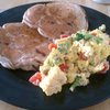 Broccoli, tomato, carmelized shallots, aged cheddar, eggs. Ghirardelli 60% dark chocolate chip buttermilk pancakes.