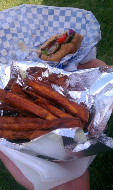 Veggie Bliss (portobella burger) & sweet potato fries.