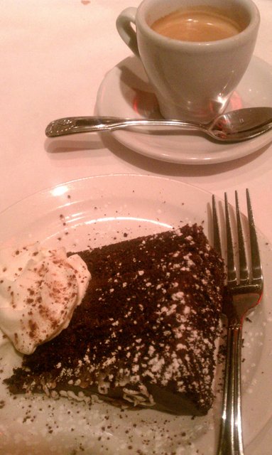Chocolate cake brought in from Dessert Deli, double-shot espresso to wash it down.