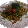 Yakisoba: stir-fried ramen, cabbage, bean sprouts, roast pork, nori, sesame seeds.