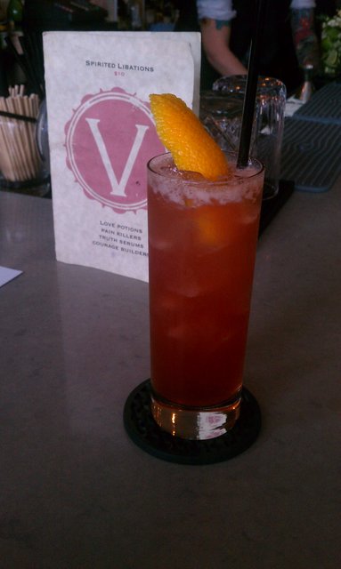 Singapore Sling: gin, cheery heering, benadictine, lime juice, angostura.