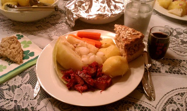 Corned beef, cabbage, spuds, carrots, parsnips, whole wheat soda bread.