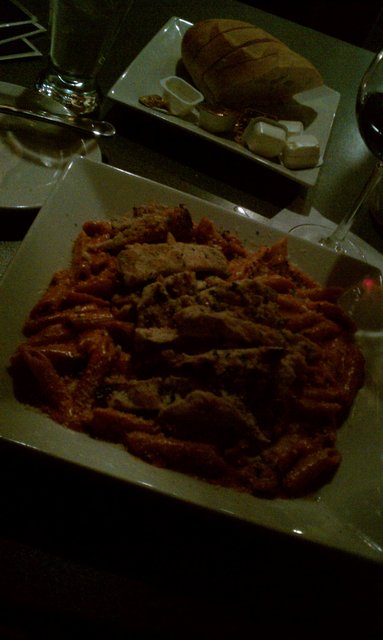 Penne with vodka, tomato, cream sauce and grilled chicken.