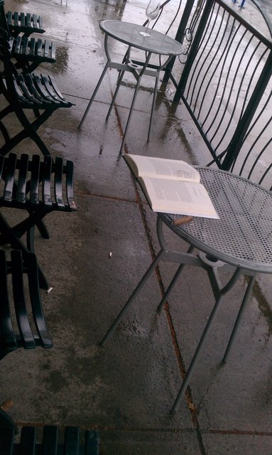 Lonely book and cigar on rainy patio (not quite as classy as it sounds).