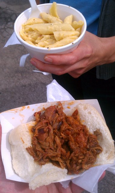 Pulled pork sandwich, mac-n-cheese from Fat Bob's.