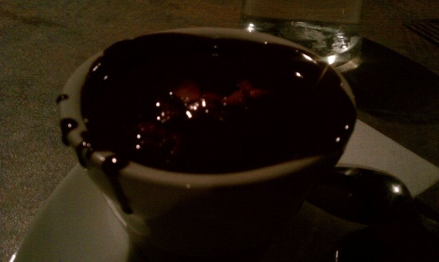 Chocolate peppercorn soup, fresh strawberries. Like fondu. #LocalRestWeek.