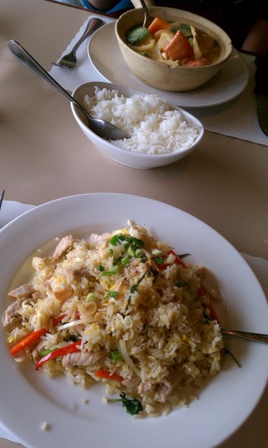 Basil fried rice with pork. Panang curry with chicken.