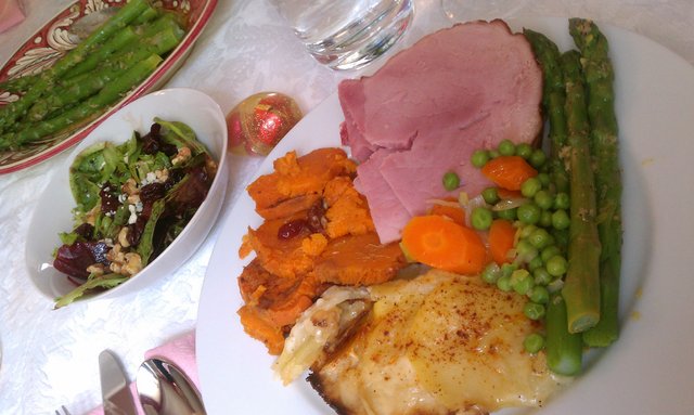 Very delayed pic of Easter dinner. Does not include *8* desserts (with 3 sorbets I made).