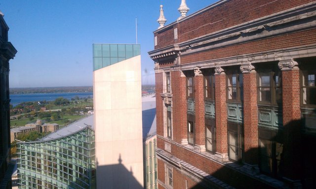 Looking down tower piers on 18th floor, tower shadow on new court building. #StatlerTour