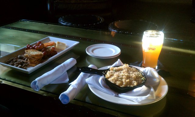 Fruit & cheese plate; mac & cheese with peas, pancetta.