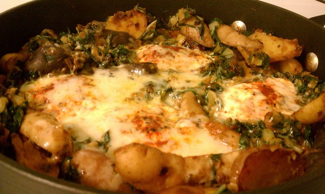 Dinner in the pan. I did a poor job of keeping the eggs totally separate.