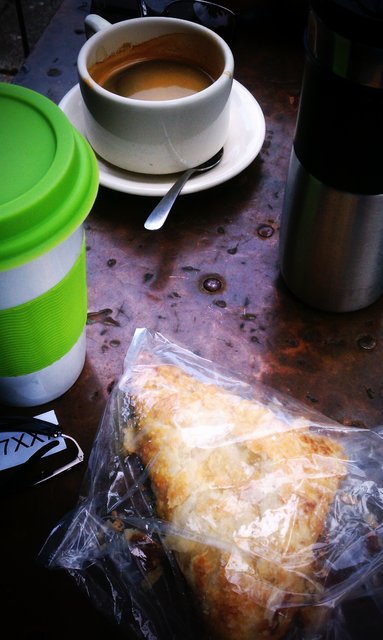 Mug of espresso for her, apple turnover for: powered for the rest of the day.