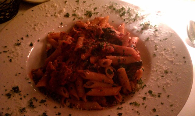 Penne with spicy chicken sausage.