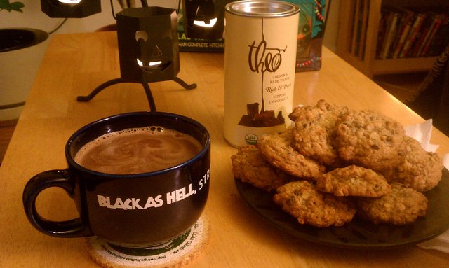 Oatmeal chocolate chip cookies, Theo *sipping* chocolate (16oz is far too rich).