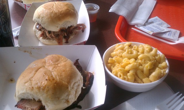 Beef brisket sandwich, pulled pork sandwich, mac-n-cheese.