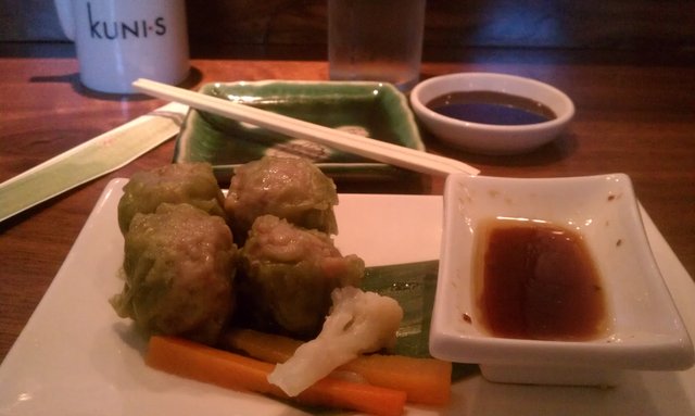 Wasabi shumai: steamed pork dumplings in wasabi-infused wonton.