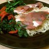 Lemony chicken saltimbocca over angel hair; sauteed spinach and sweet red peppers.