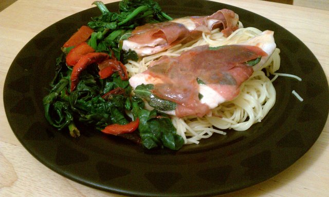 Lemony chicken saltimbocca over angel hair; sauteed spinach and sweet red peppers.