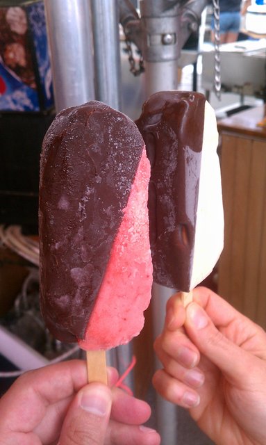 Chocolate-covered peanut butter gelato; chocolate-covered strawberry sorbet from Sweet Melody's.